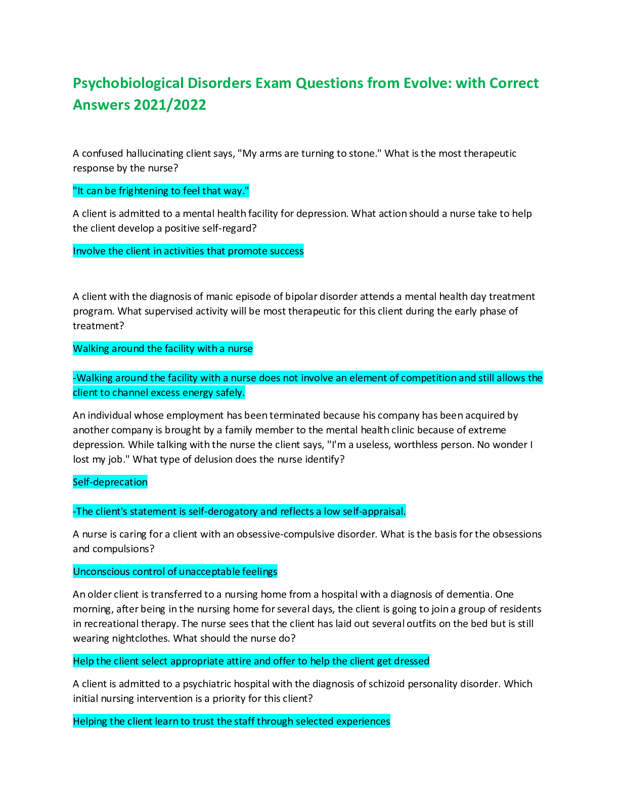 Preview of Psychobiological Disorders Exam Questions from Evolve: with Correct Answers